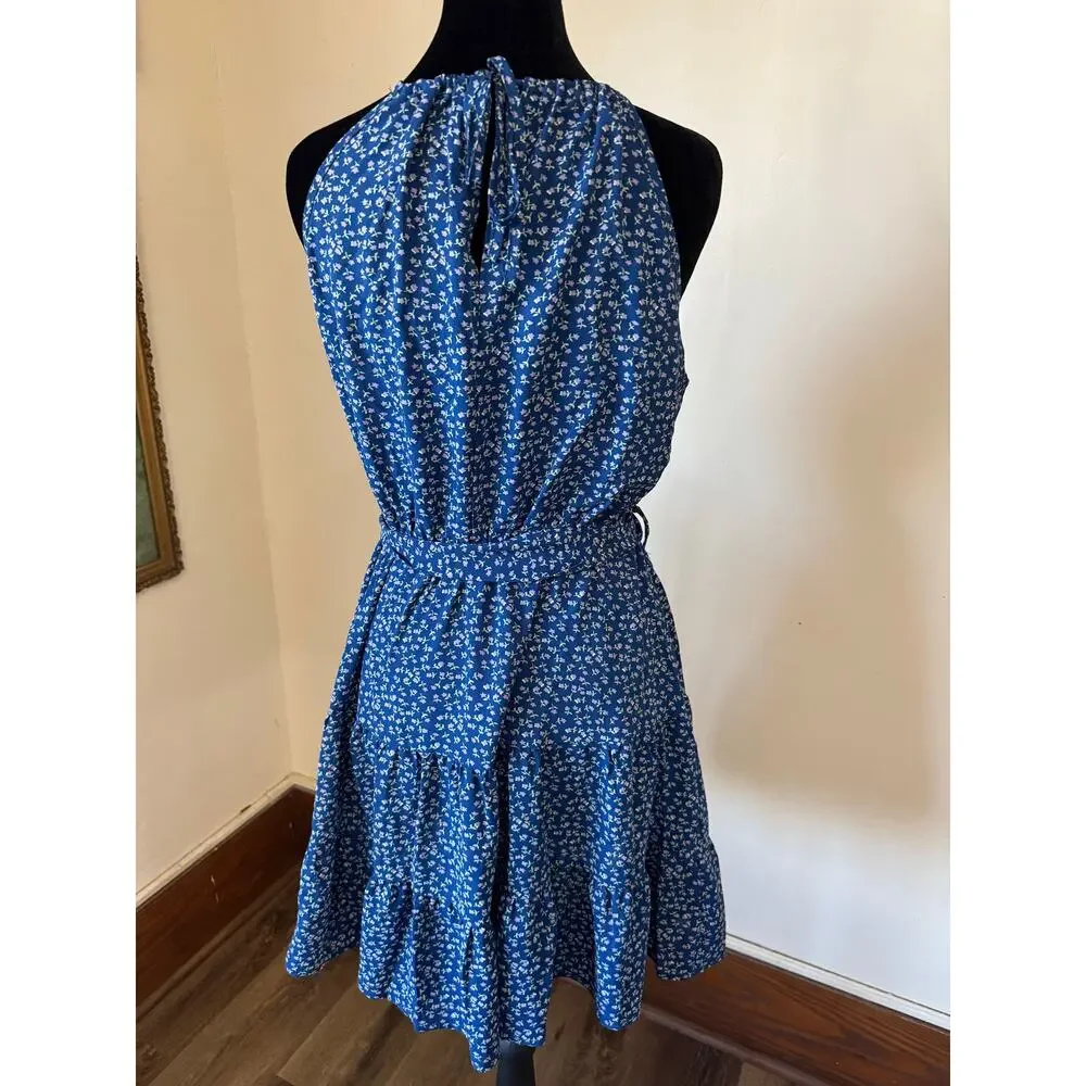 Ditsy Floral Halter Dress Blue Tiered Cottagecore Summer Size M - Picture 2 of 10
